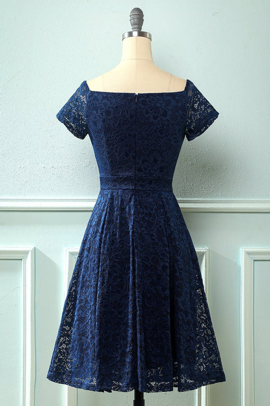 Navy Off-the-Shoulder Lace Dress