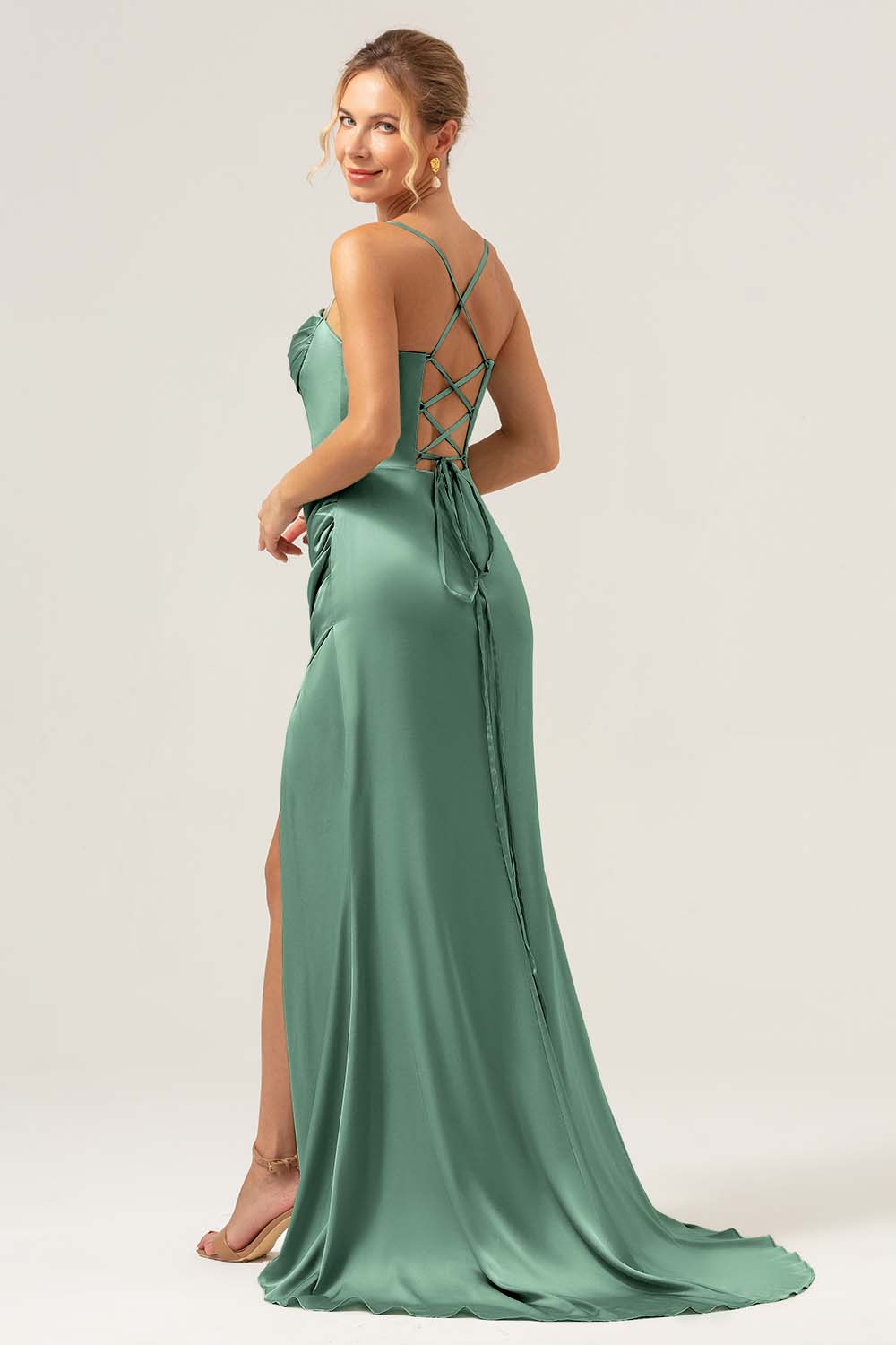 Dusty Blue Mermaid Spaghetti Straps Corset Satin Bridesmaid Dress with Slit