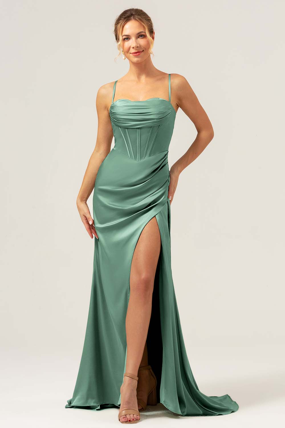 Dusty Blue Mermaid Spaghetti Straps Corset Satin Bridesmaid Dress with Slit