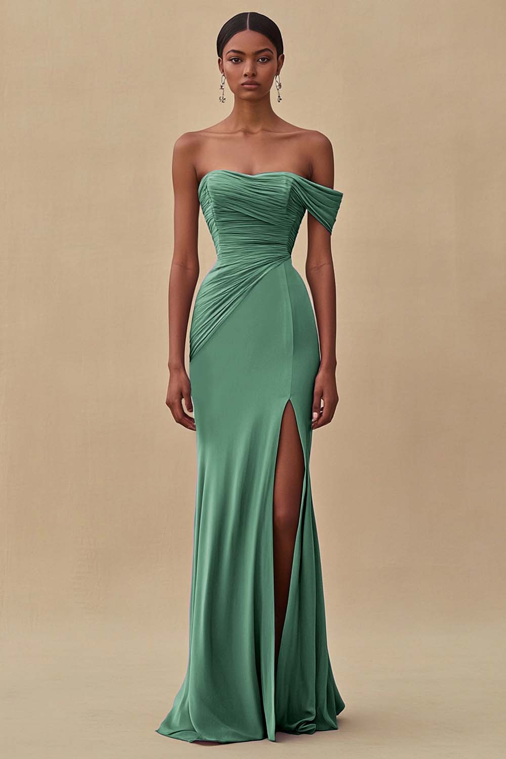 Robe de soirée longue sirène bleu encre à épaules dénudées avec fente
