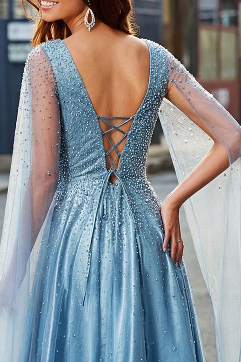 Sparkly Blue V-Neck A-Line Prom Dress with Cape Sleeves