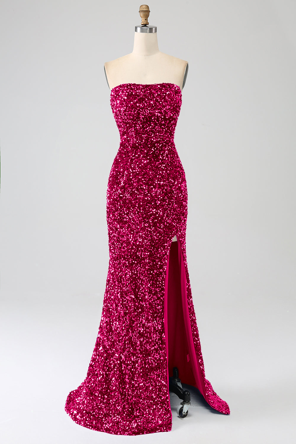 Robe de bal sirène longue rouge sans bretelles à paillettes avec fente