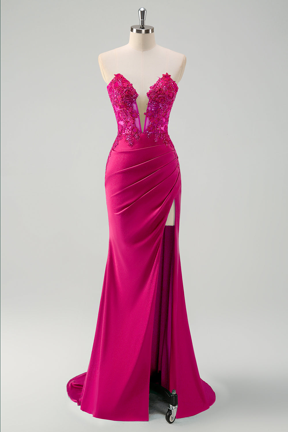 Robe de bal longue bustier sirène vert avec découpes et fente