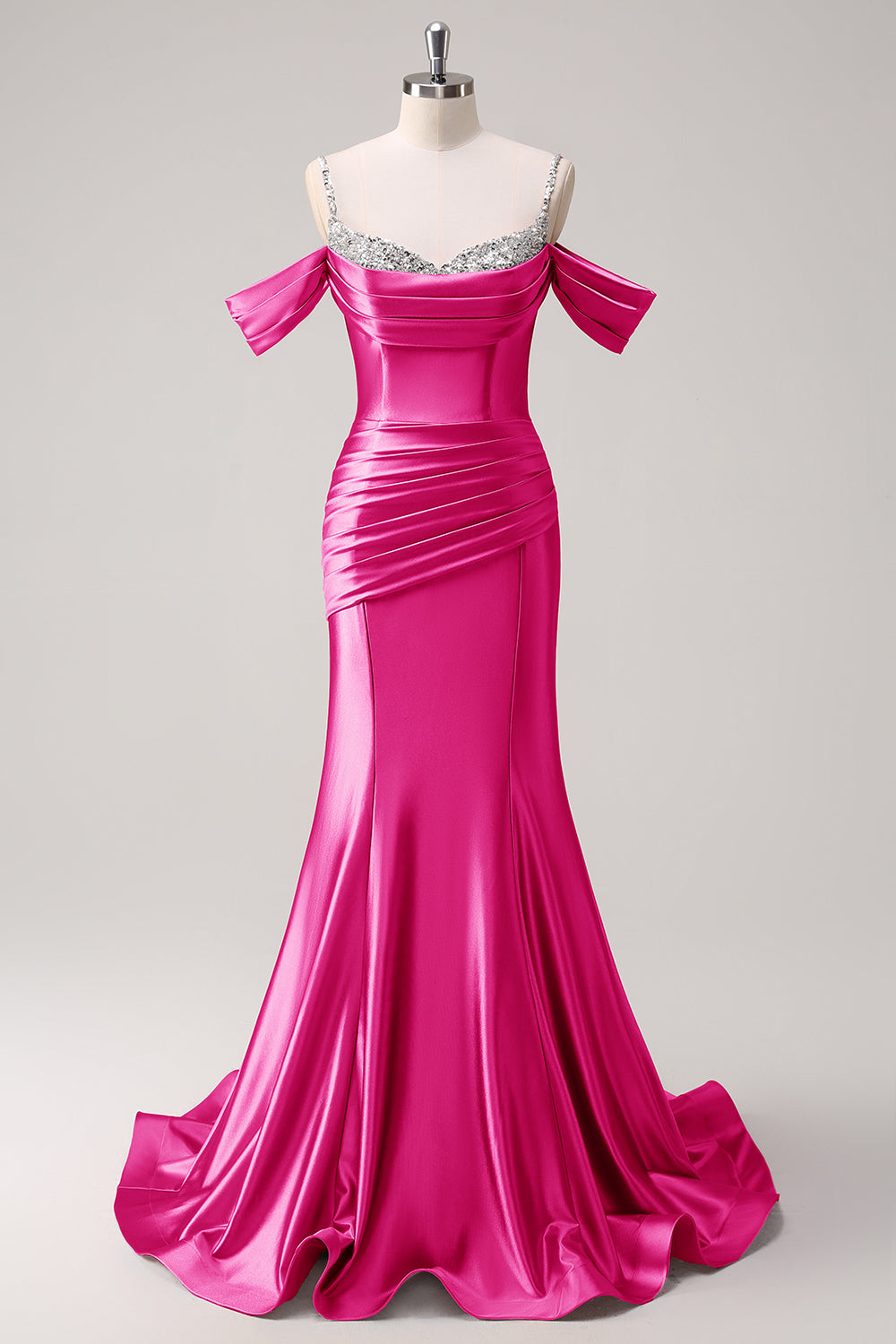 Robe de bal longue en satin froncé à paillettes épaules dénudées sirène dorée scintillante
