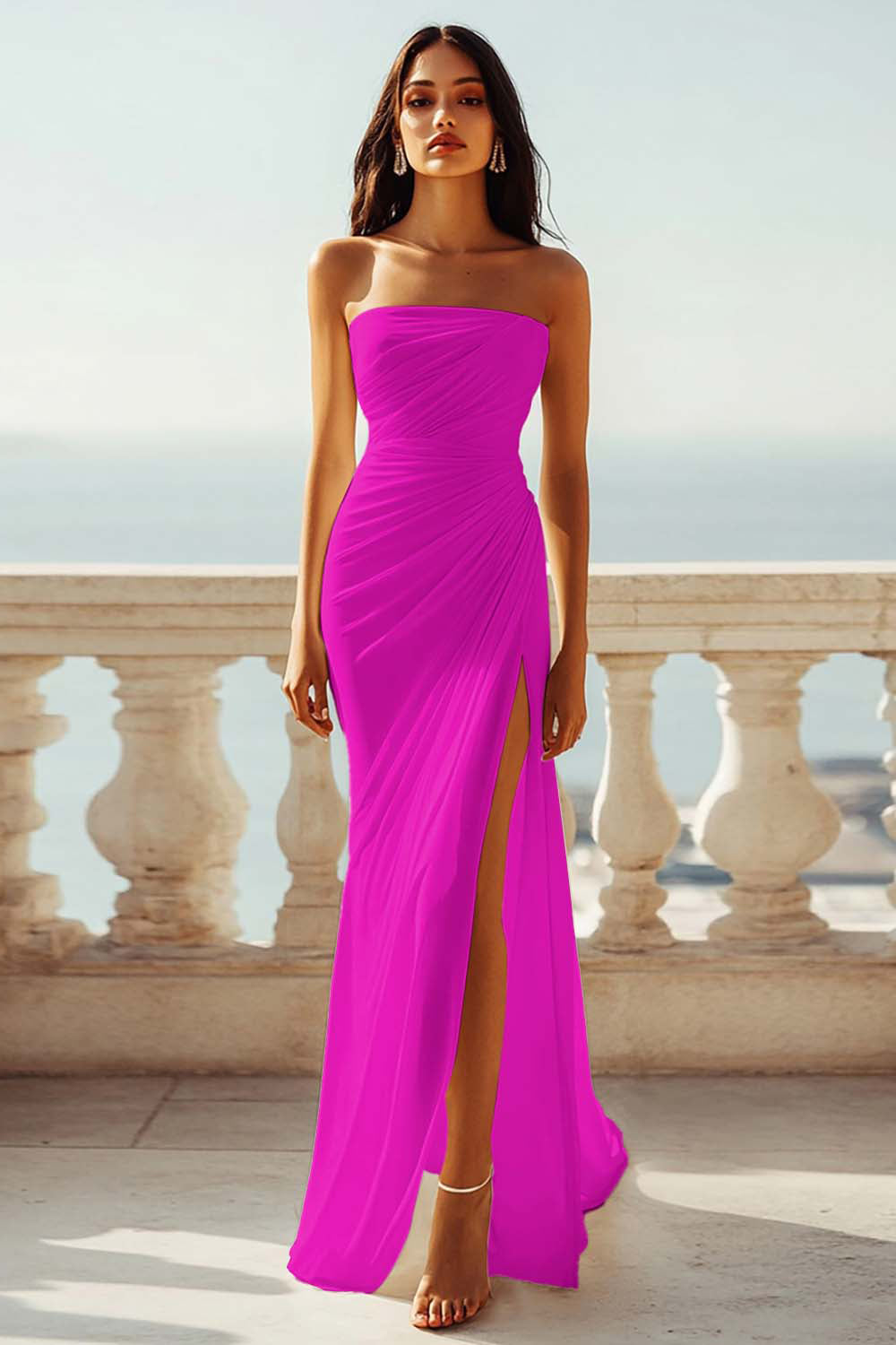 Ruched Strapless Chiffon Ivory Beach Engagement Dress with Slit