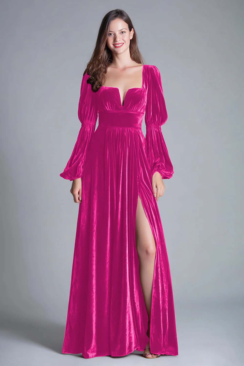 Vestido de noche formal línea A de terciopelo burdeos con cuello cuadrado y abertura