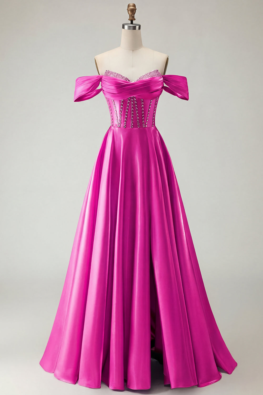 Robe de bal longue en tulle violet avec corset, épaules dénudées, perles, ligne A et fente