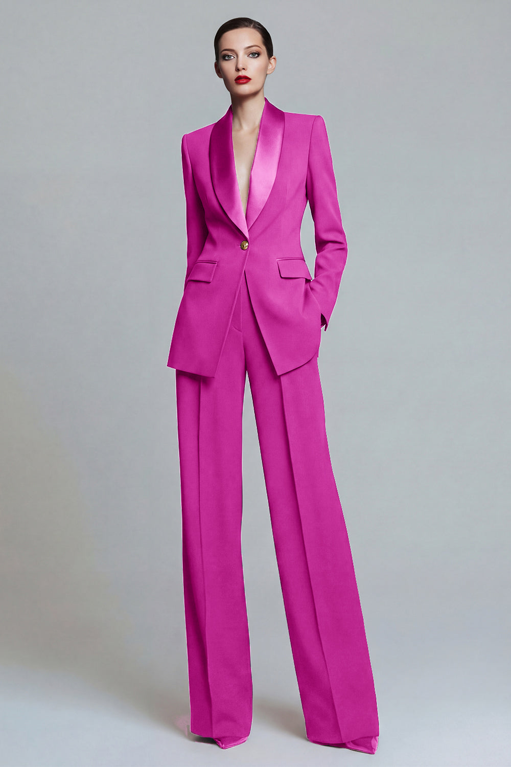 Tailleur pantalon femme 2 pièces vert foncé à revers châle avec poches