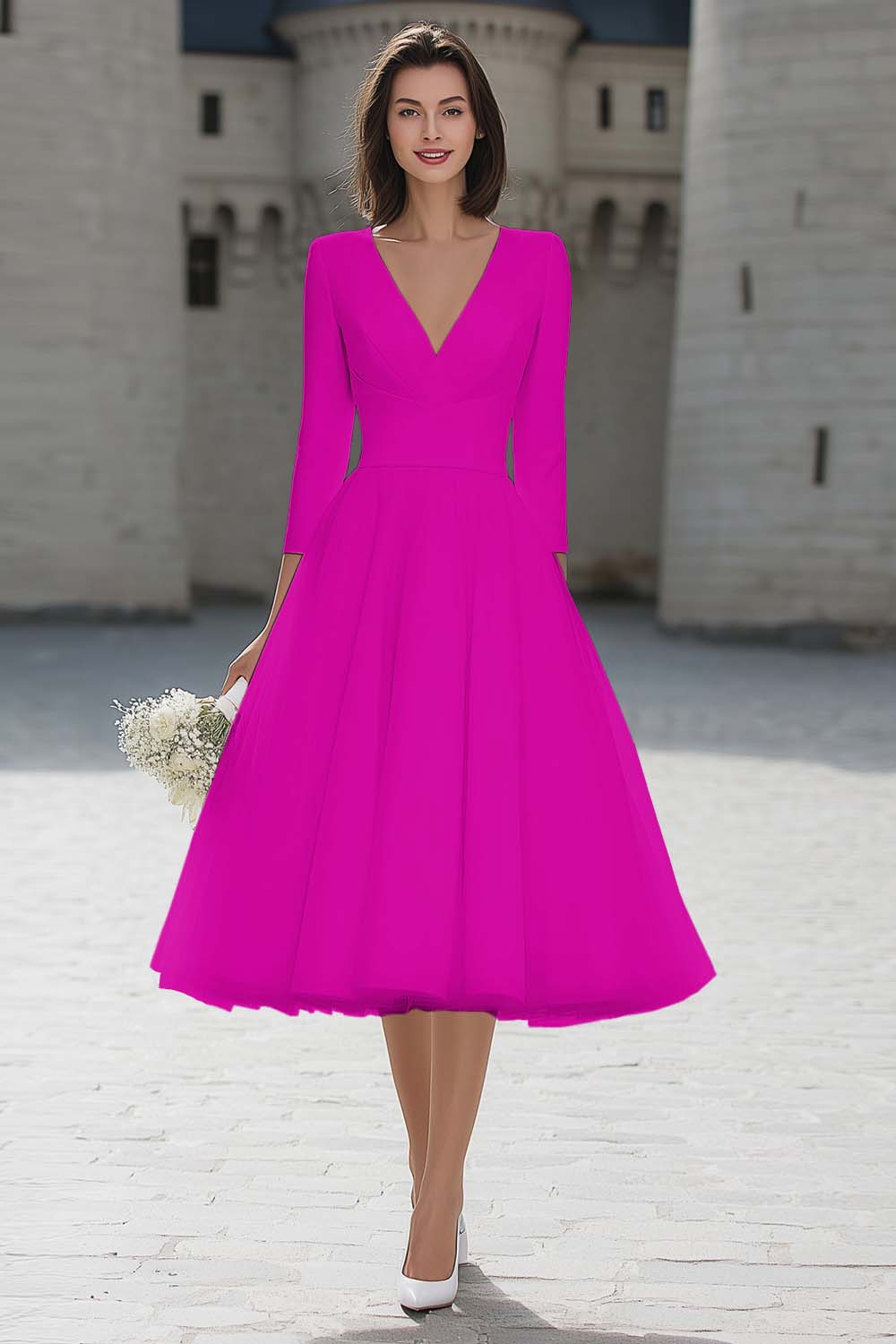 A-Line Ivory V-Neck Midi Engagement Dress