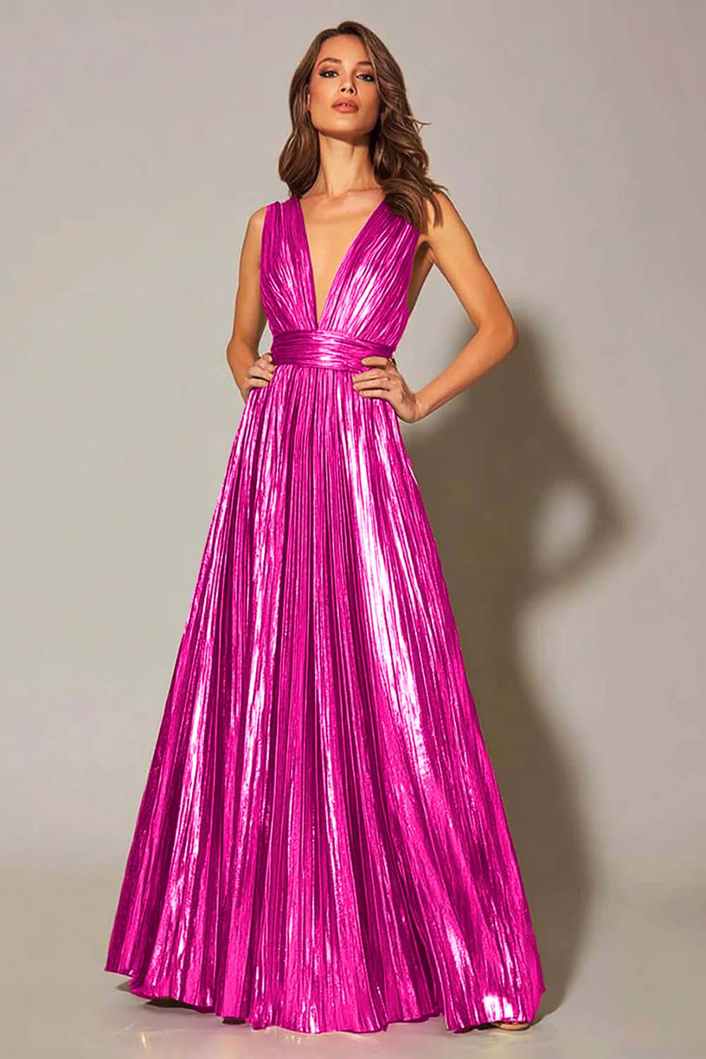 Robe de soirée plissée coupe trapèze doré métallisé