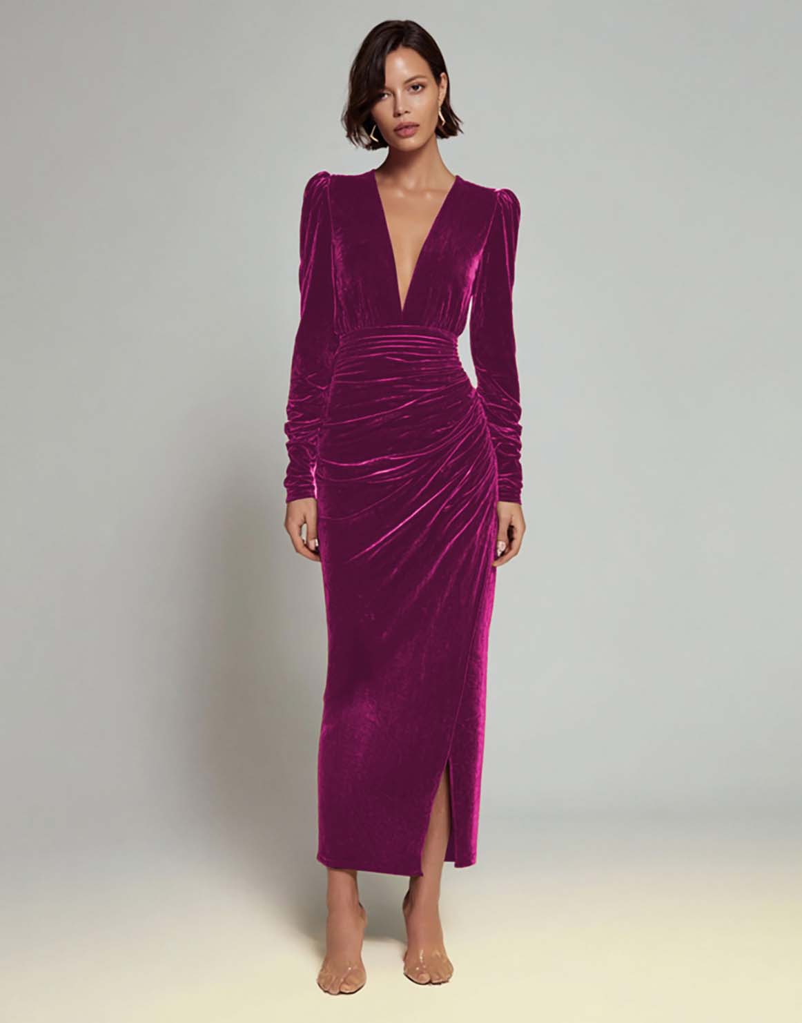 Velvet Sheath Olive V-Neck Ruched Choir Dress with slit