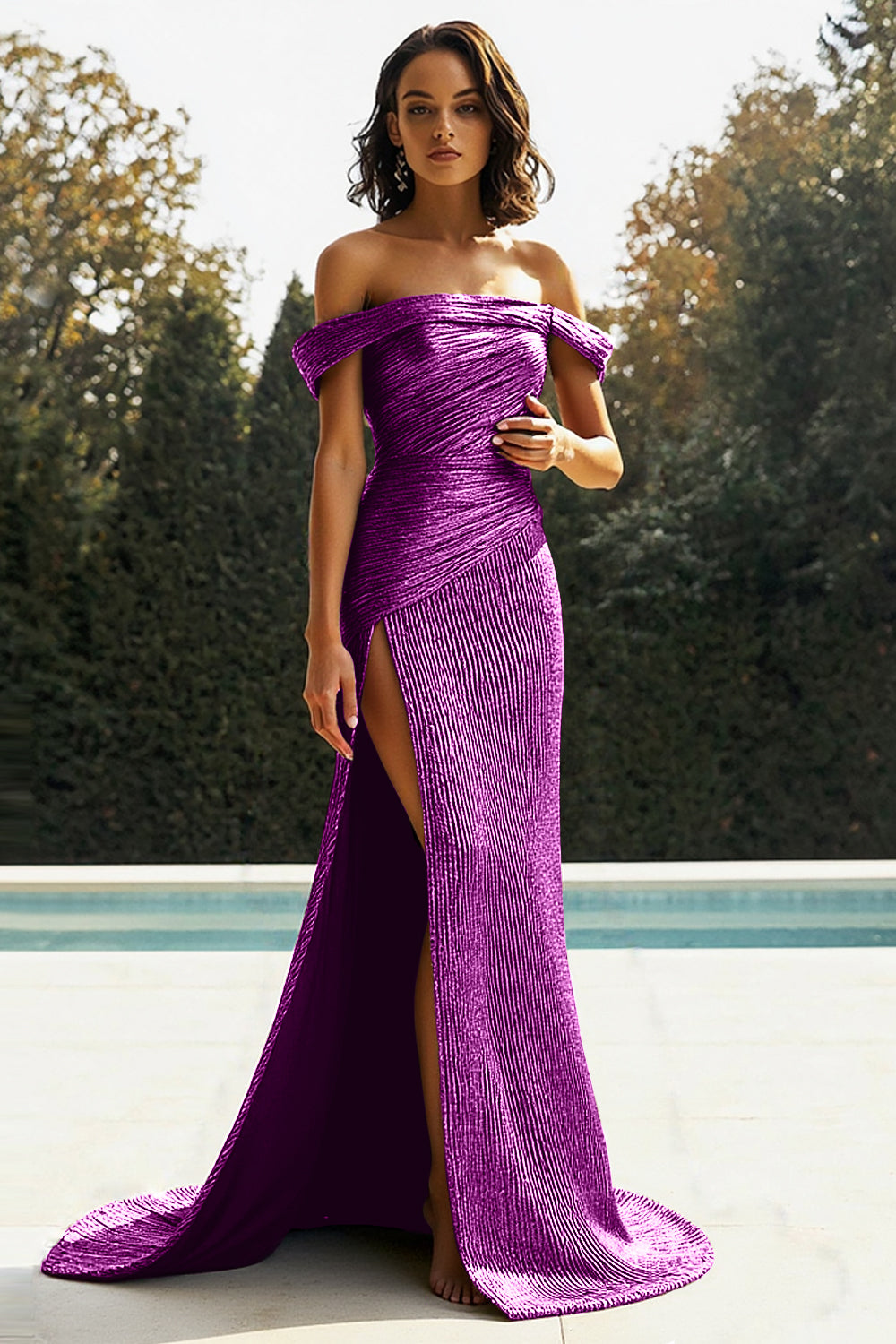 Off The Shoulder Metallic Gold Sheath Prom Dress With Slit