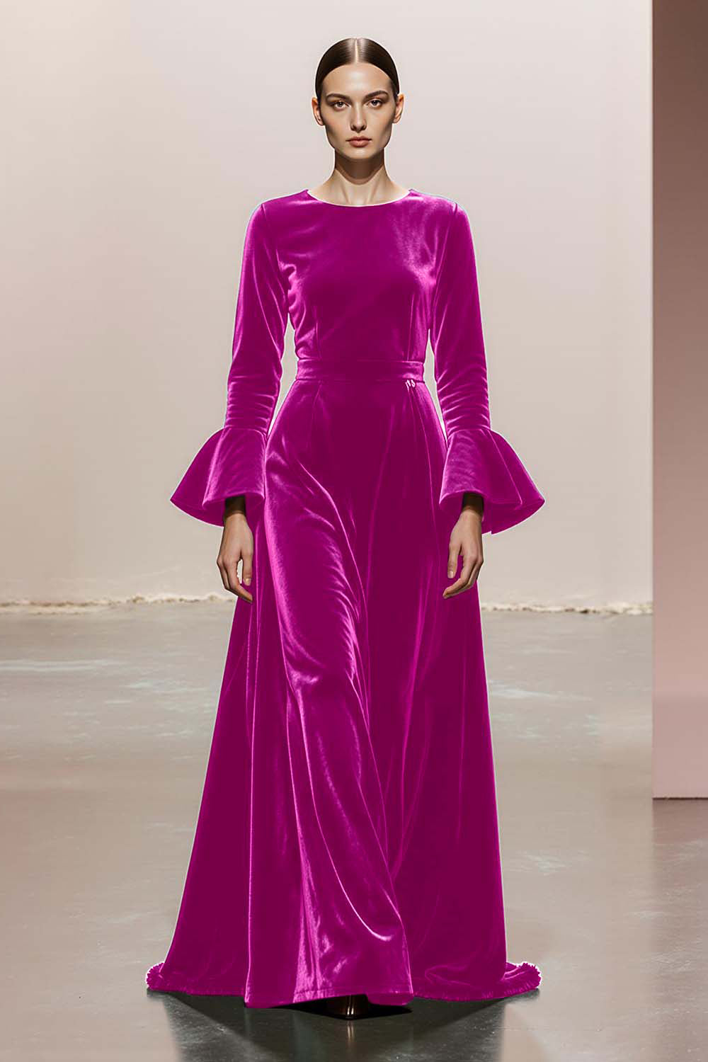 Dark Green A-Line Round Neck Long Sleeves Velvet Military Ball Dresses