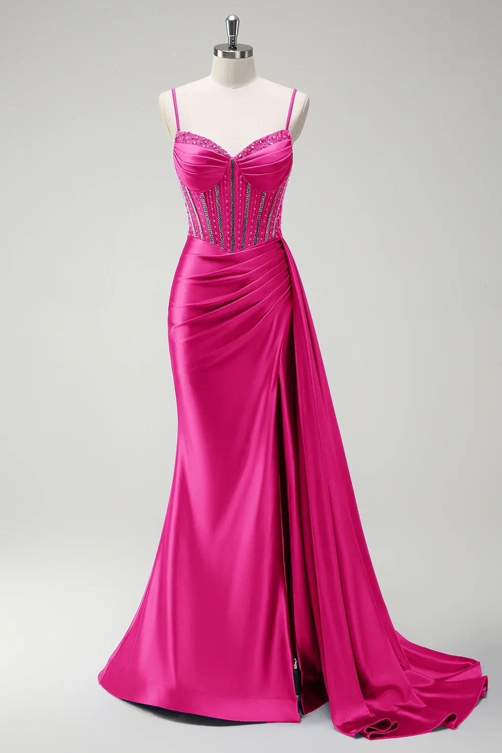 Robe longue de bal en satin plissée avec corset perlé sirène violet scintillant et fente