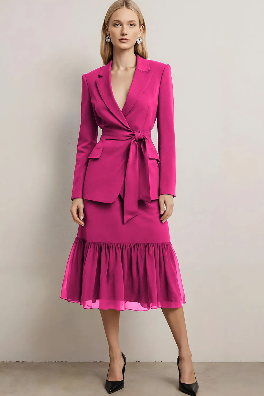 Dark Purple 2 Piece Peak Lapel Pencil Midi Business Suits