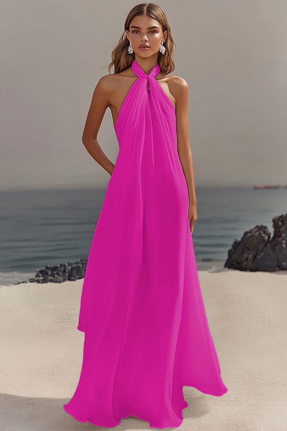 Elegant Sky Blue Halter Chiffon Formal Dress