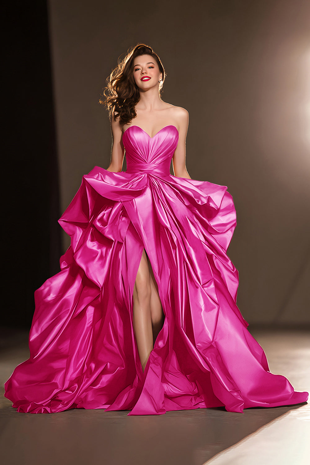 A-Line Sweetheart Dark Red Ruffle Pageant Dress with Slit