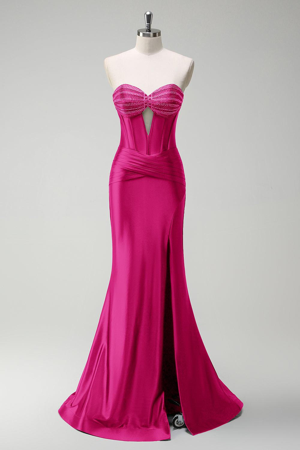 Robe de bal longue en satin bleu roi scintillant avec bustier orné de perles de sirène et fente