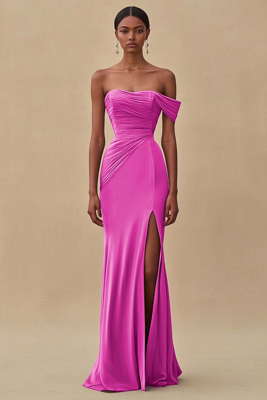Off-Shoulder Ink Blue Mermaid Long Formal Dress with Slit