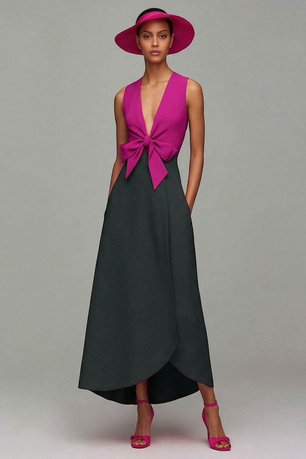 Orange And Fuchsia Colorblock V Neck A Line Formal Dress