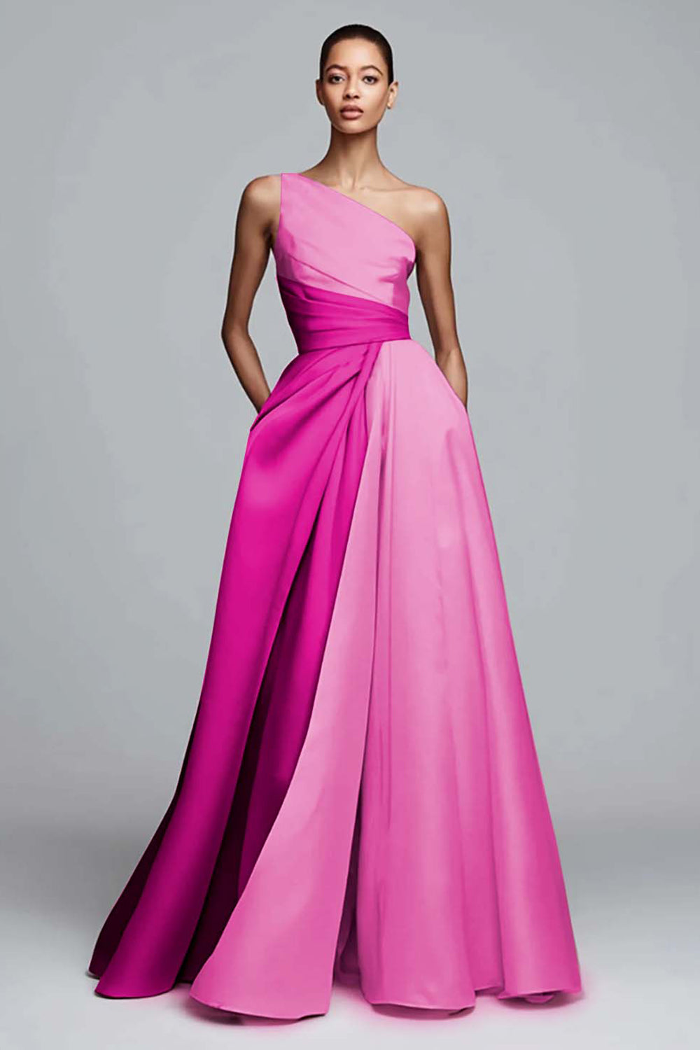 Robe de soirée rose plissée asymétrique à coupe trapèze