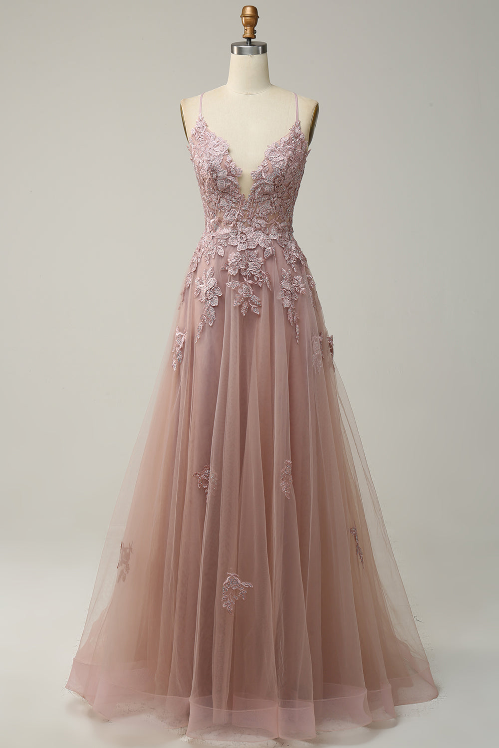 Robe de bal longue verte à fines bretelles et dos croisé