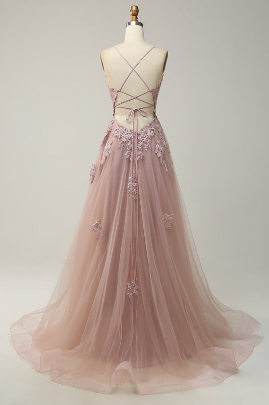 Pale Pink A-Line Long Graduation Dress with Thin Straps and Appliques