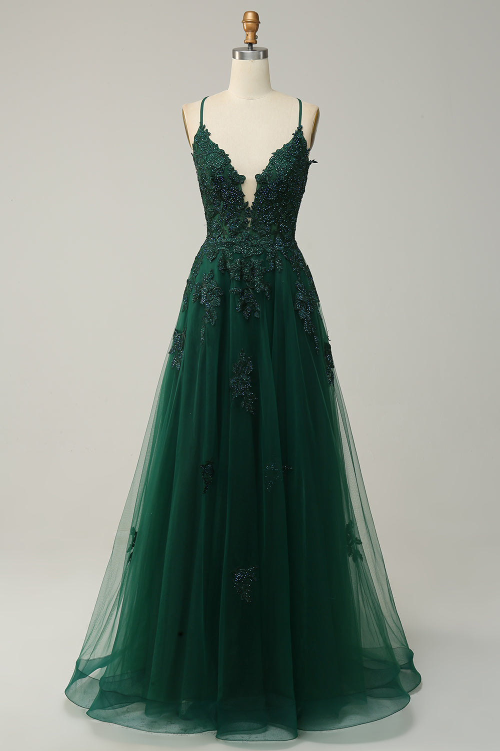 Robe de bal longue rose pâle coupe trapèze à fines bretelles et appliques