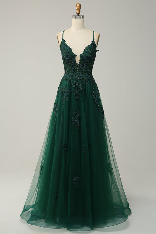 Dark Green A-Line Long Graduation Dress with Thin Straps and Criss-Cross Back