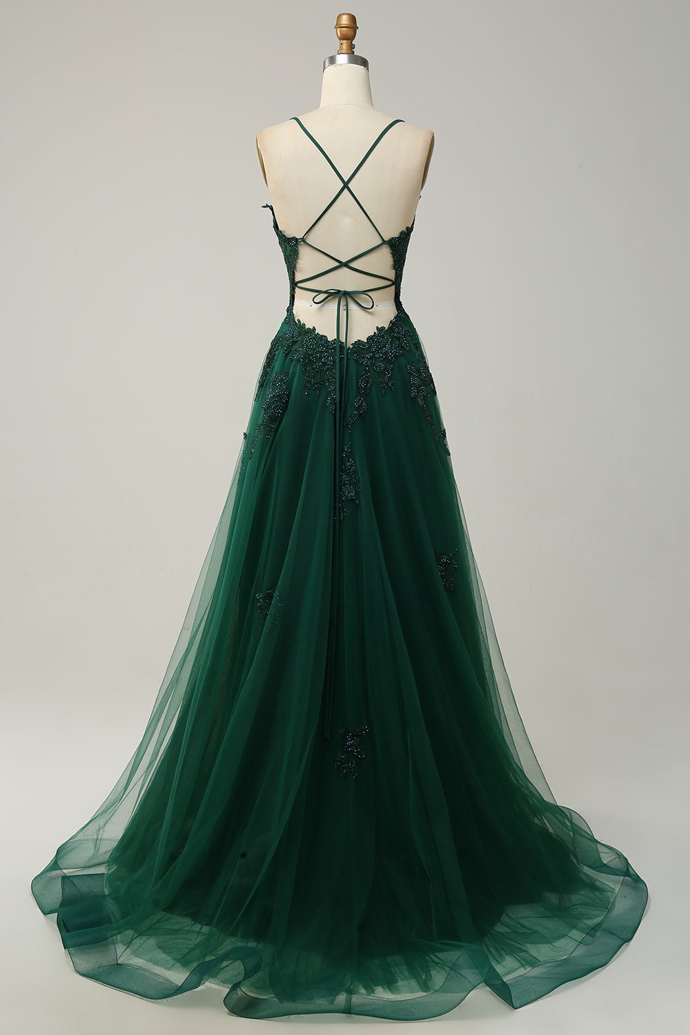 Robe de bal longue bleu gris A-line à bretelles spaghetti et dos croisé
