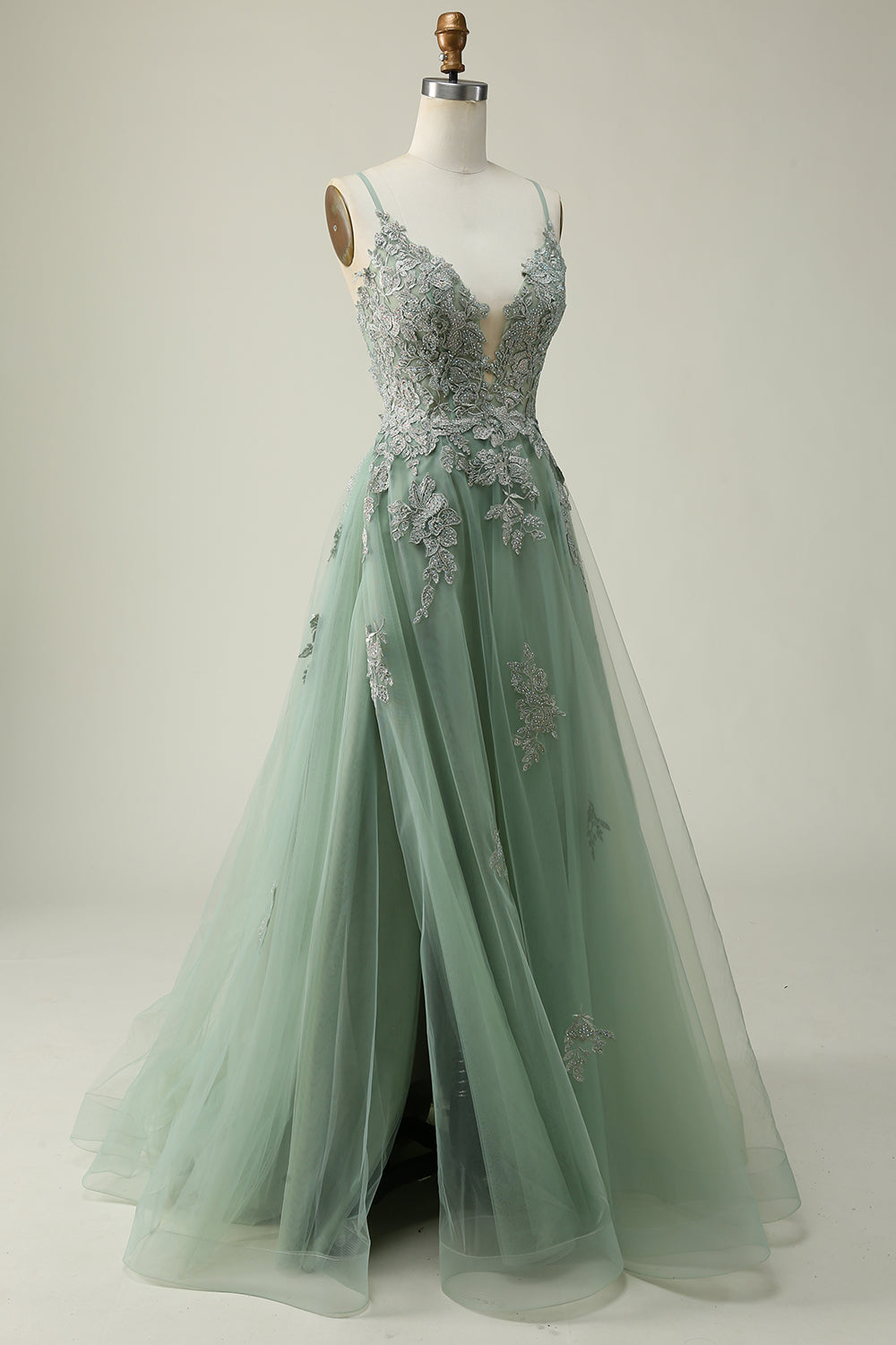 Robe de bal longue verte à fines bretelles et dos croisé