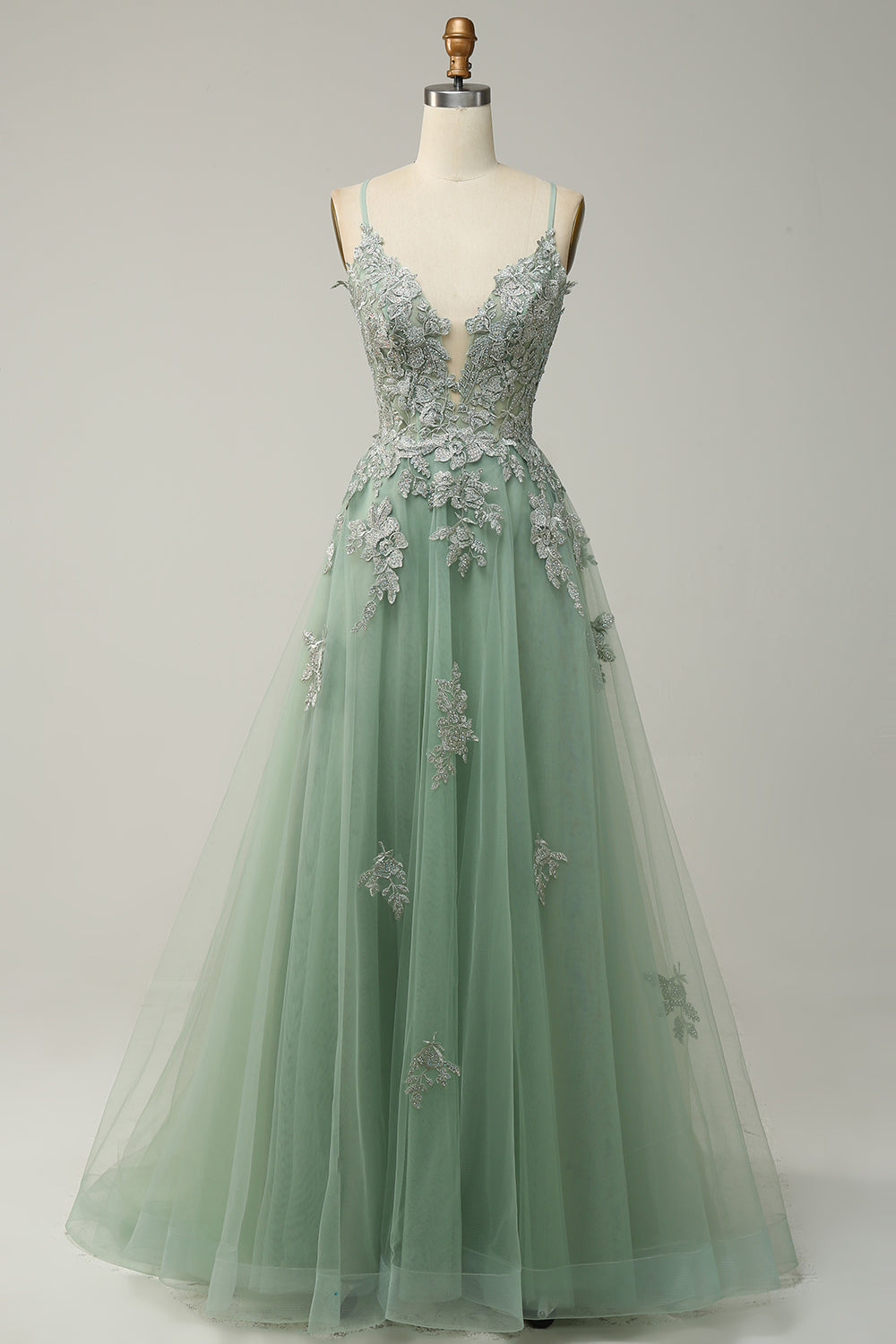 Vestido de Graduación Largo Verde Oscuro en Línea A con Tirantes Finos y Espalda Cruzada