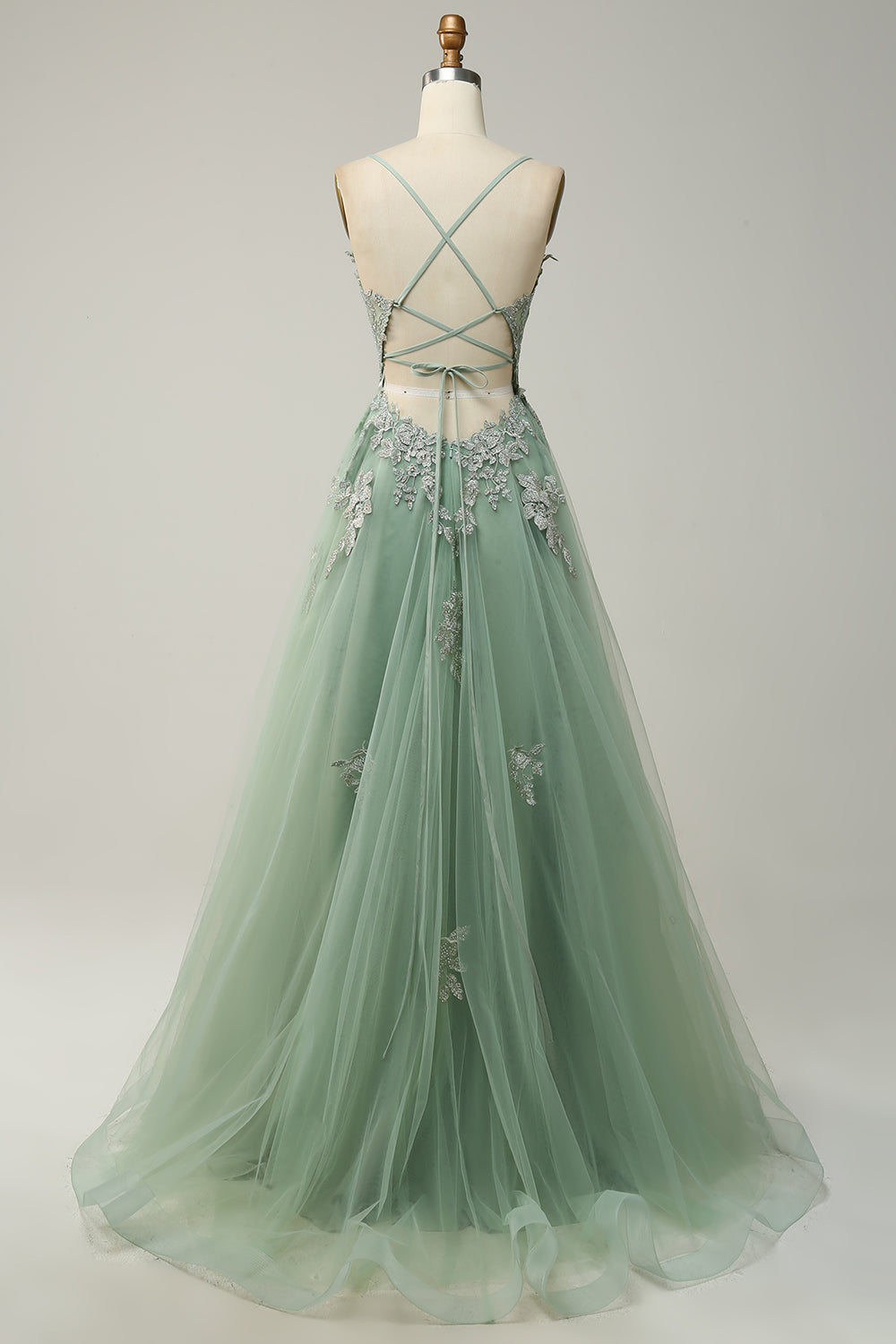 Robe de bal longue verte à fines bretelles et dos croisé