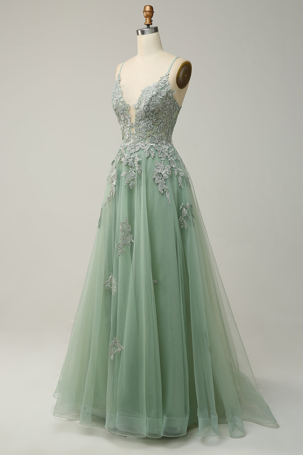 Vestido de Graduación Largo Verde Oscuro en Línea A con Tirantes Finos y Espalda Cruzada