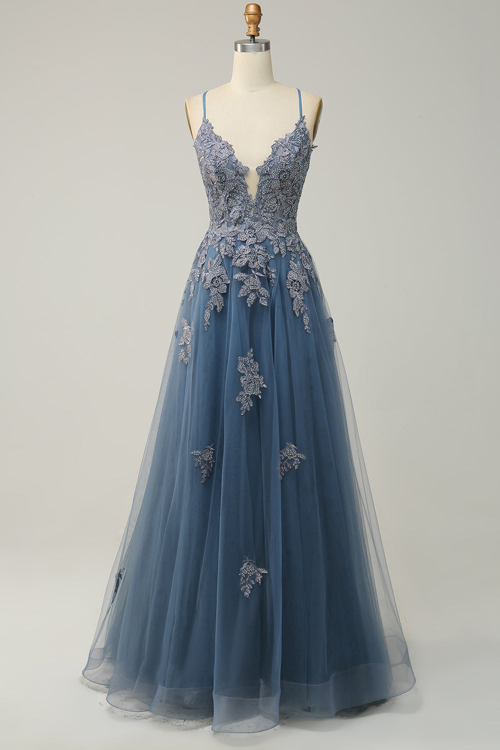 Robe de bal longue bleu gris A-line à bretelles spaghetti et dos croisé