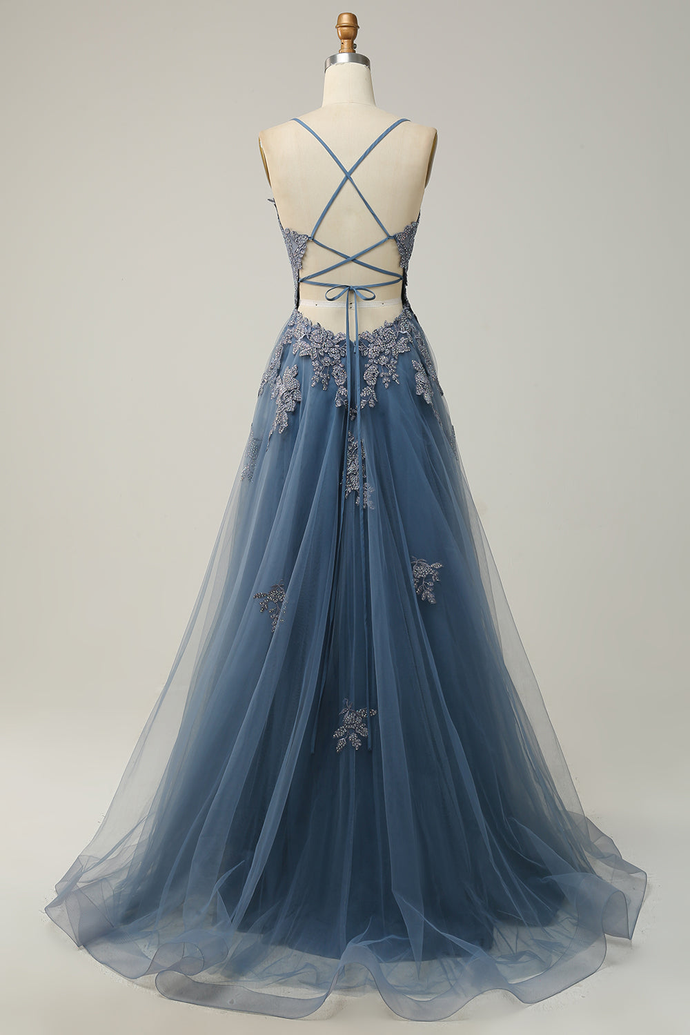 Robe de bal longue bleu gris A-line à bretelles spaghetti et dos croisé