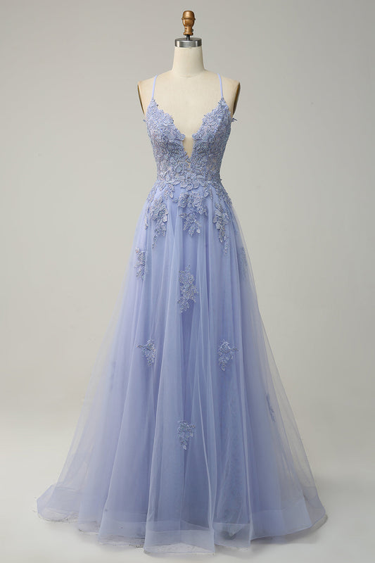 Light Lilac A-Line Long Graduation Dress with Thin Straps and Crisscross Back