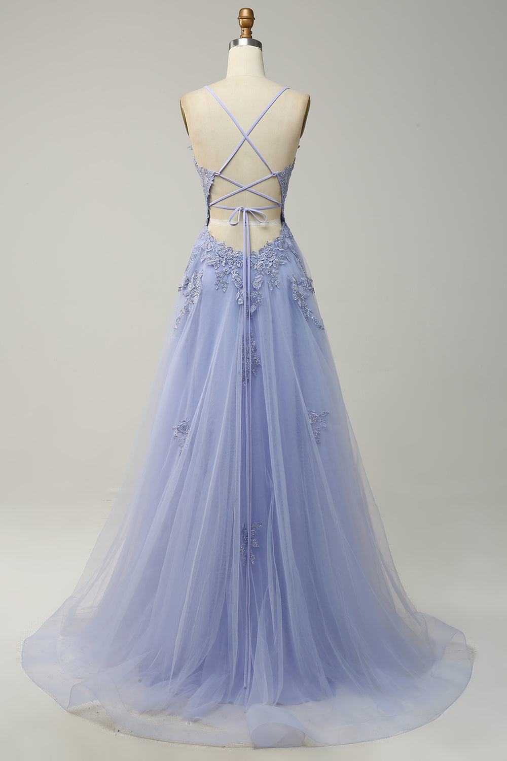 Robe de bal longue bleu gris A-line à bretelles spaghetti et dos croisé