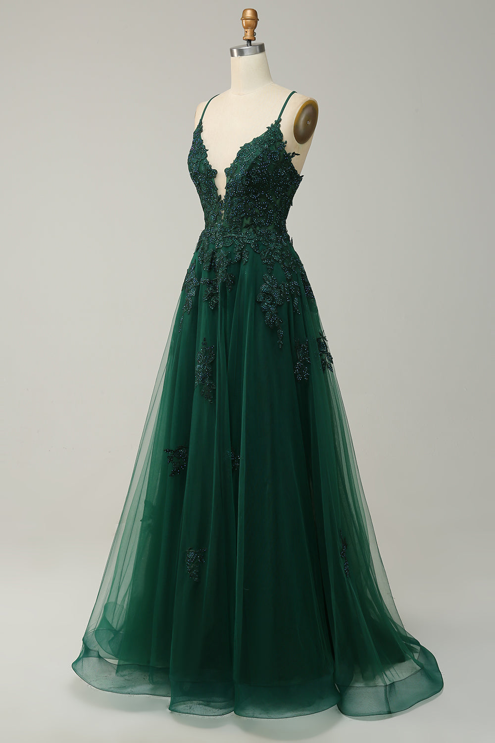 Robe de bal longue bleu gris A-line à bretelles spaghetti et dos croisé