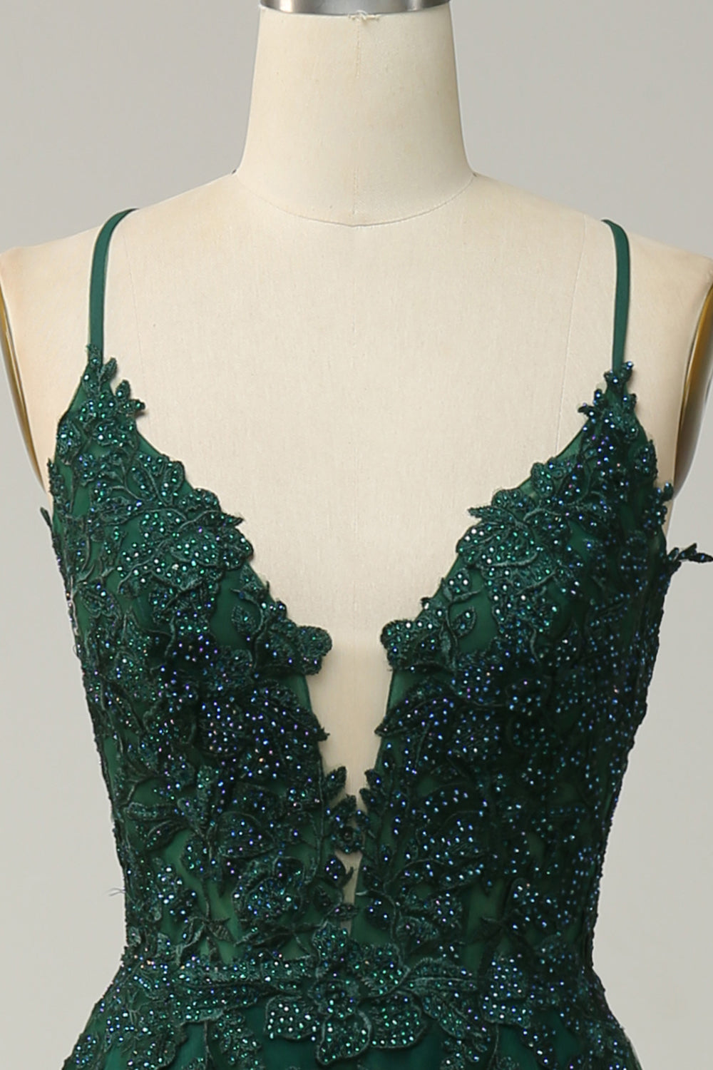 Vestido de Graduación Largo Verde Oscuro en Línea A con Tirantes Finos y Espalda Cruzada