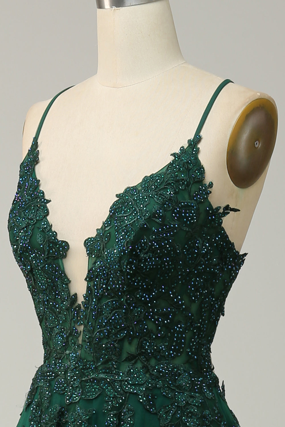 Vestido de Graduación Largo Verde Oscuro en Línea A con Tirantes Finos y Espalda Cruzada