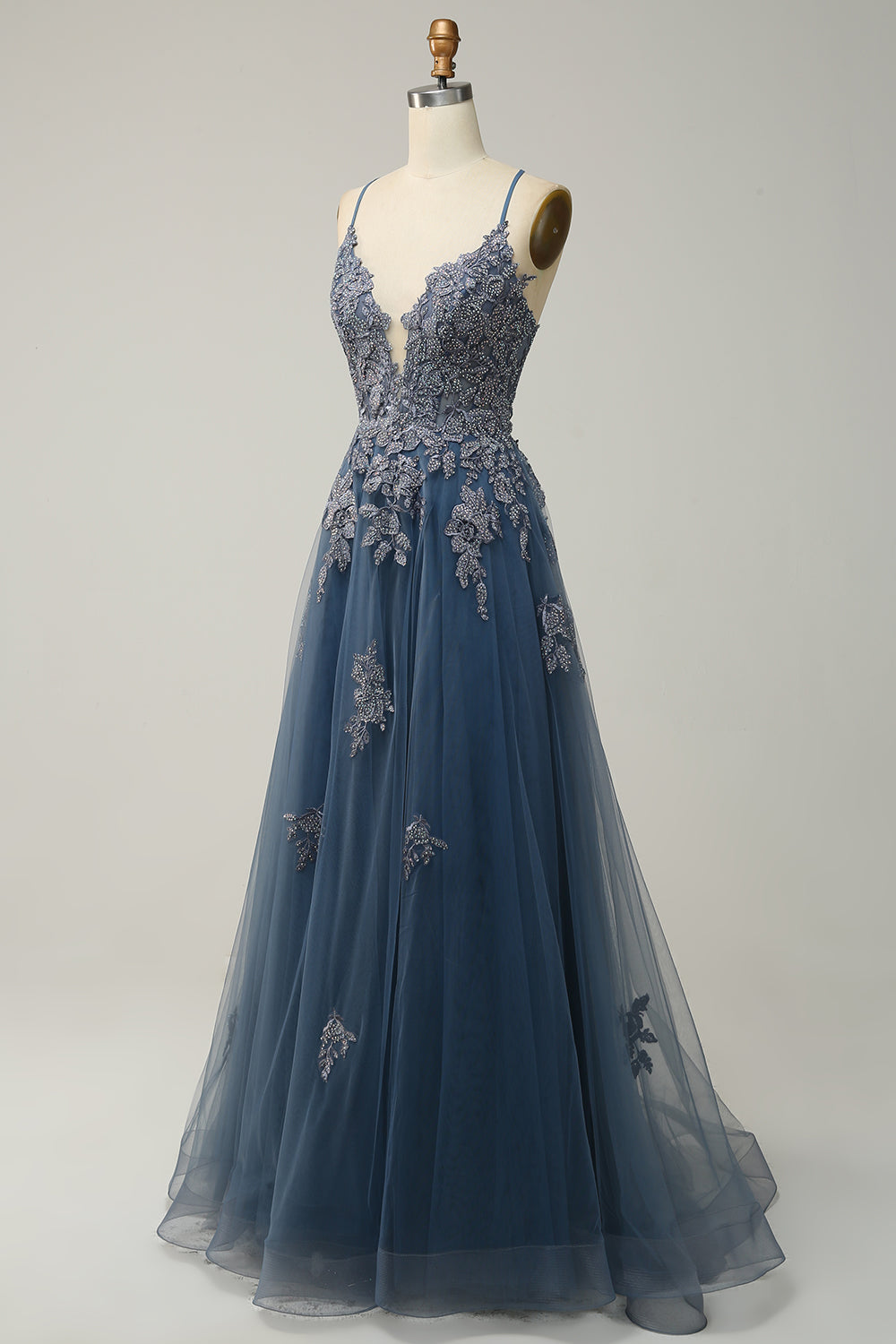 Robe de bal longue bleu gris A-line à bretelles spaghetti et dos croisé