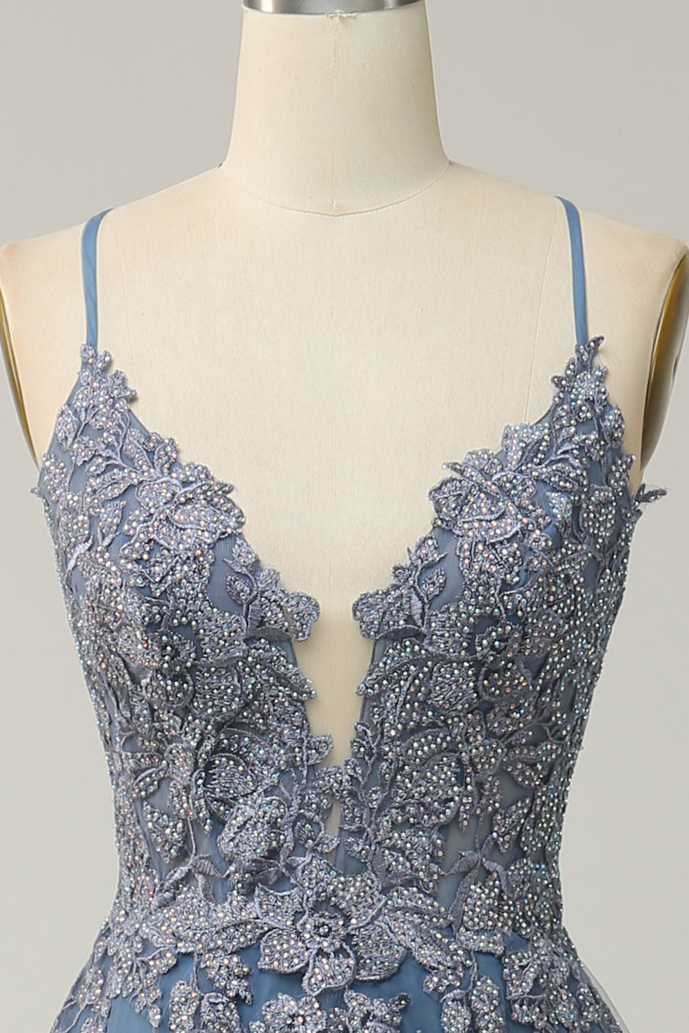 Robe de bal longue bleu gris A-line à bretelles spaghetti et dos croisé