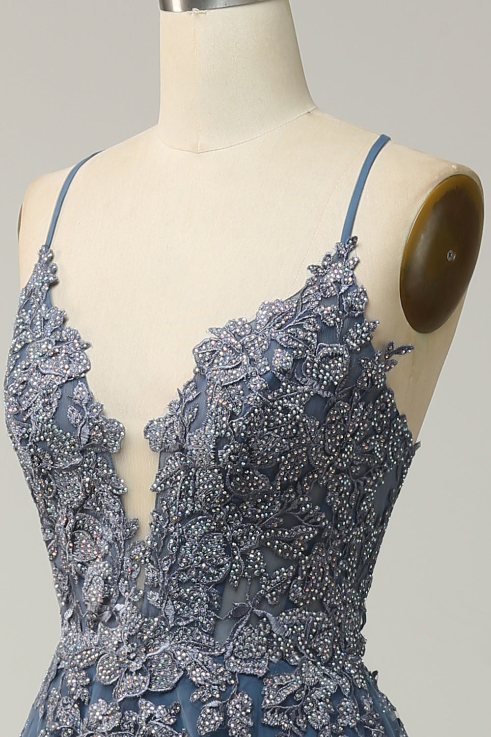 Robe de bal longue bleu gris A-line à bretelles spaghetti et dos croisé