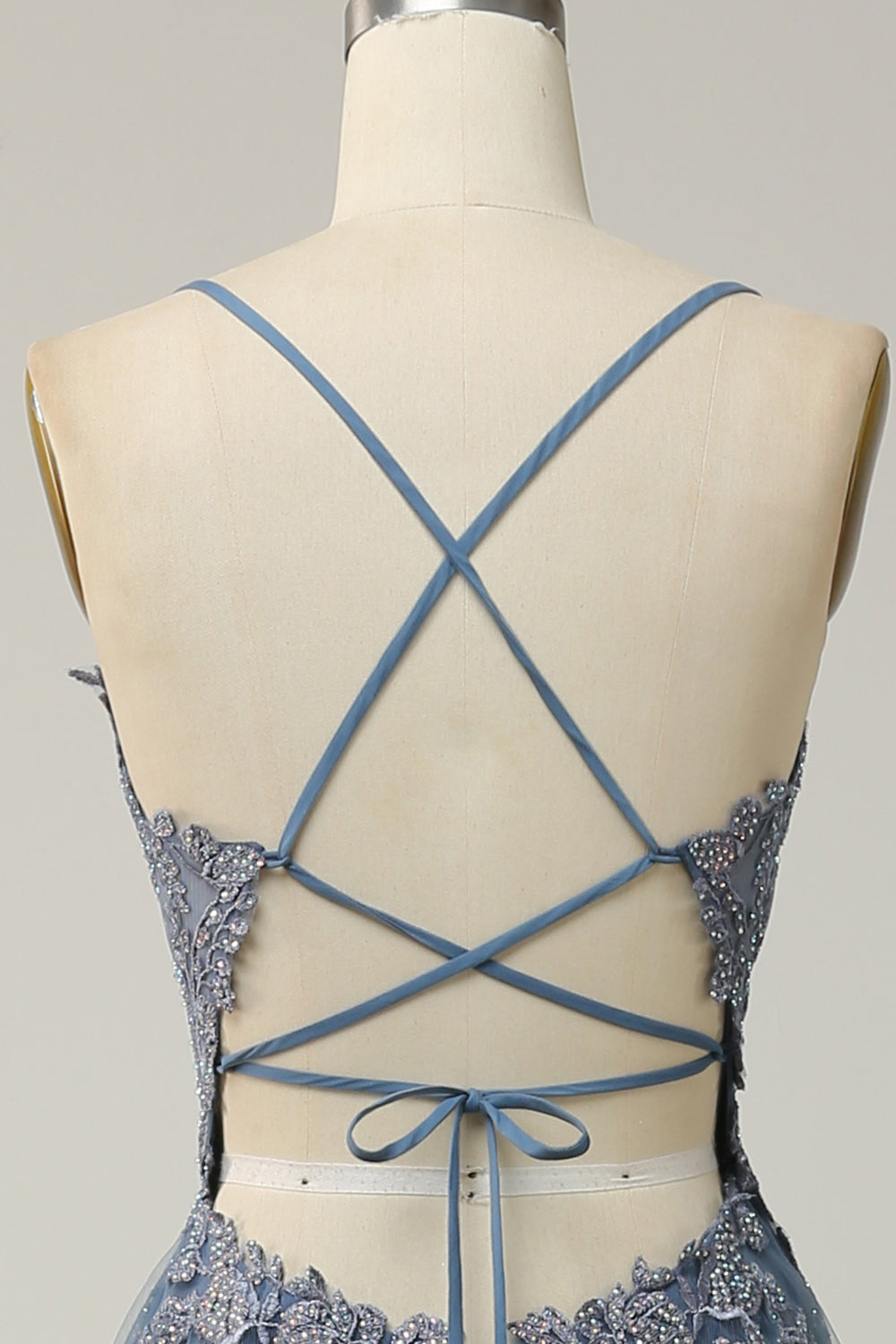 Robe de bal longue bleu gris A-line à bretelles spaghetti et dos croisé
