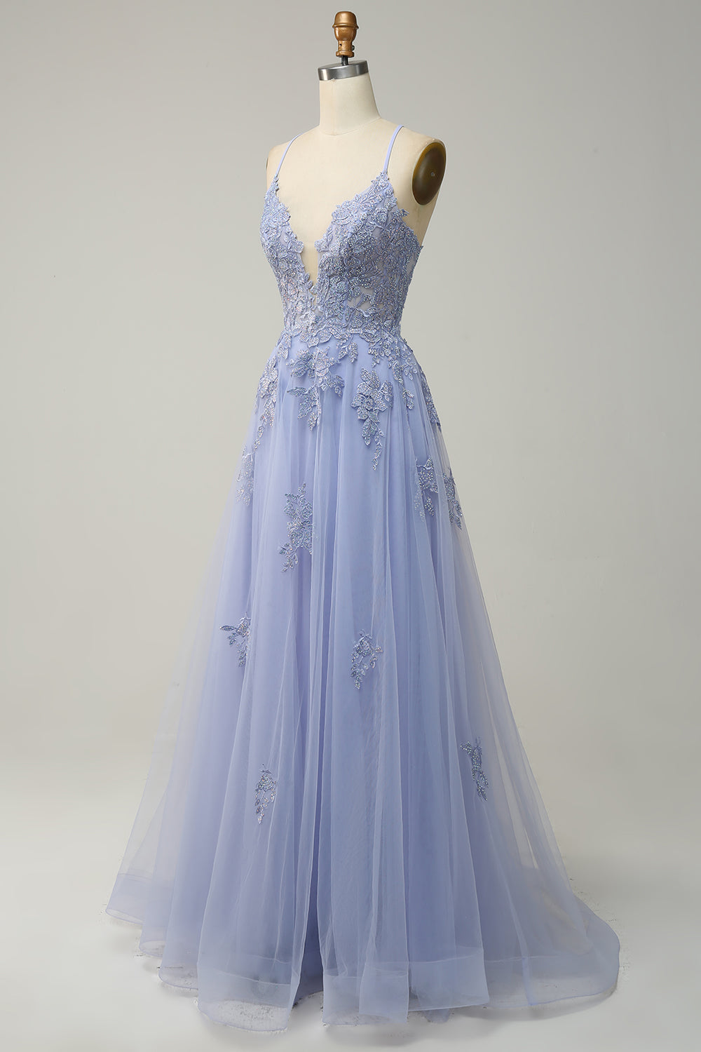 Robe de Bal Longue Lilas Clair Coupe A avec Bretelles Fines et Dos Croisé