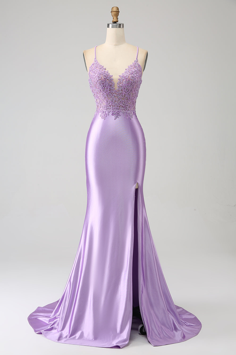 Robe de bal longue lilas sirène élégante avec bretelles spaghetti, appliques et fente