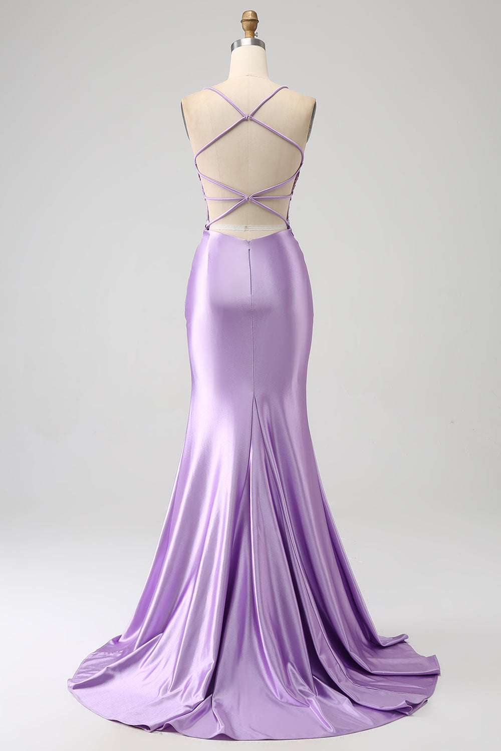Robe de bal longue lilas sirène élégante avec bretelles spaghetti, appliques et fente