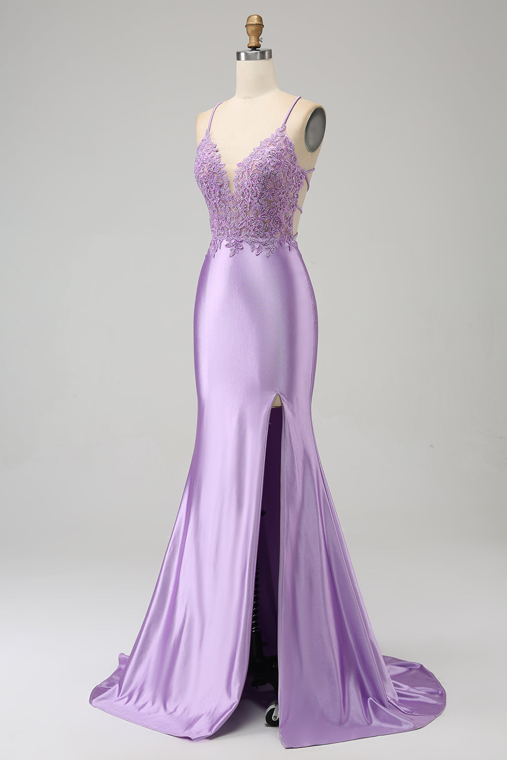 Robe de bal longue lilas sirène élégante avec bretelles spaghetti, appliques et fente