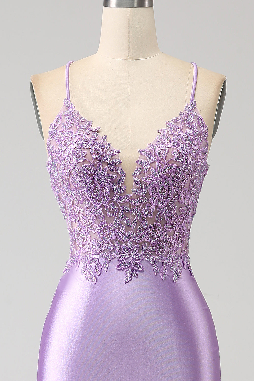 Robe de bal longue lilas sirène élégante avec bretelles spaghetti, appliques et fente